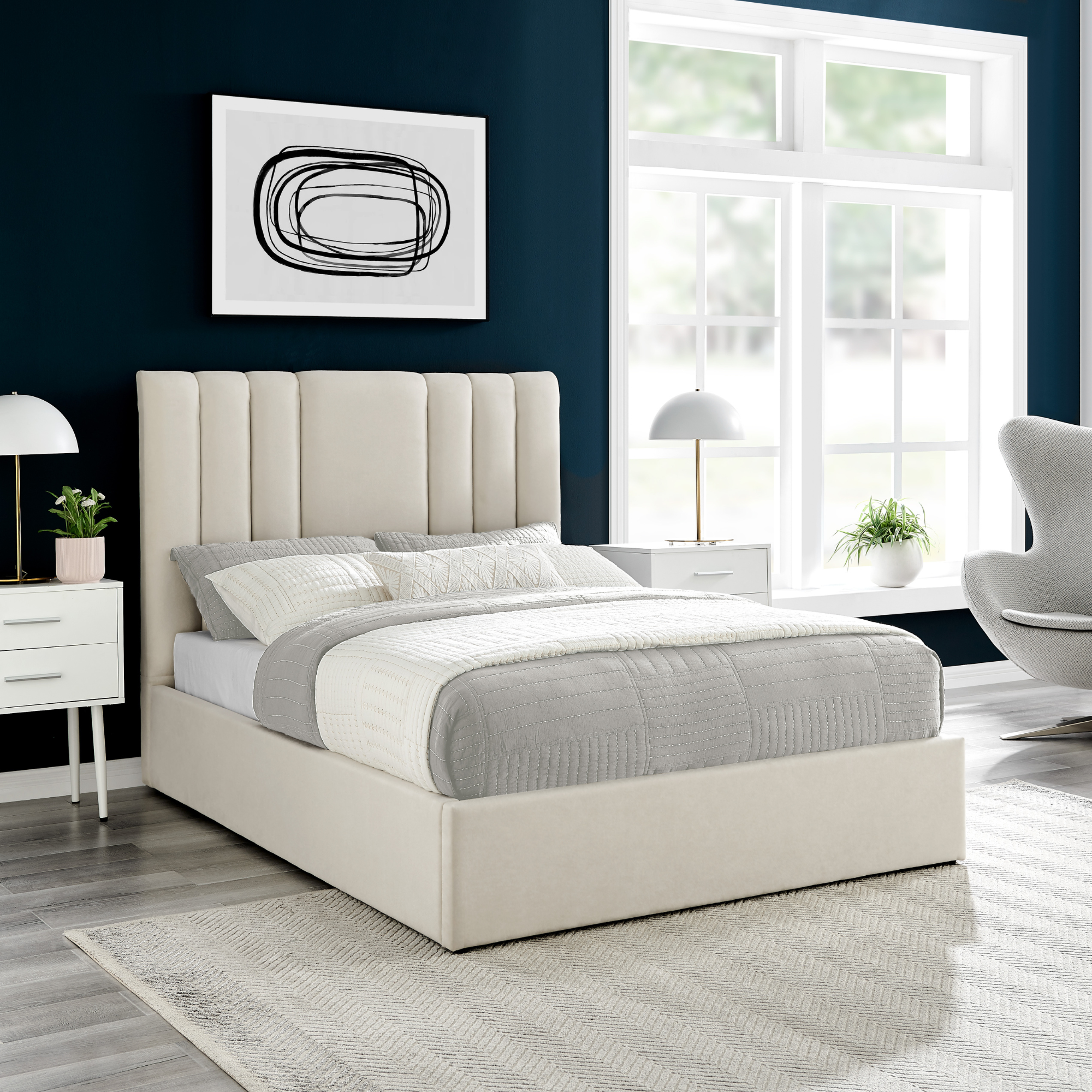 Luna Cream Velvet Bed Ottoman Storage Double 4FT 6